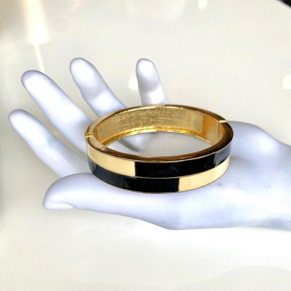 Black Enamel Gold Tone Hinged Bangle Designer Style Chic